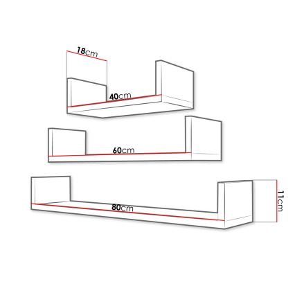 3-osaline TRIO seinariiulite komplekt 11x40/60/80 cm kašmiir