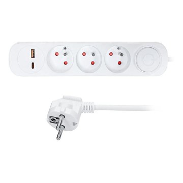 3-pesaline pikendusjuhe lülitiga ja USB-A/USB-C laadimisportidega, 3 m