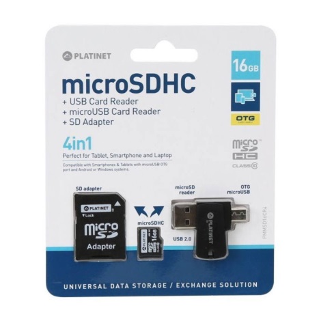 4-ühes Micro SDHC 16GB + SD adapter + Micro SD lugeja + OTG adapter
