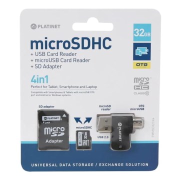 4-ühes MicroSDHC 32GB + SD Adapter + MicroSD Kaardilugeja + OTG Adapter