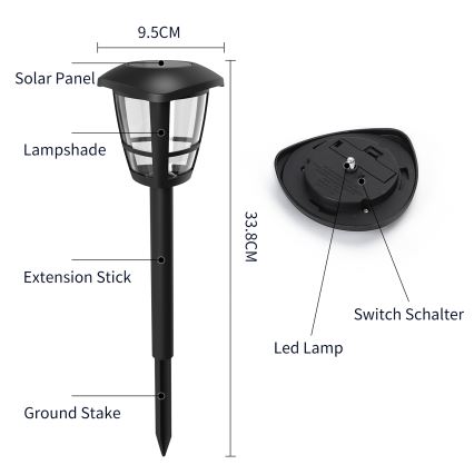 Aigostar – päikesepaneeliga LED-lampide komplekt (12 tk), LED/0,06W/2V, 33,8 cm, 6500K, 100 mAh, IP44, must