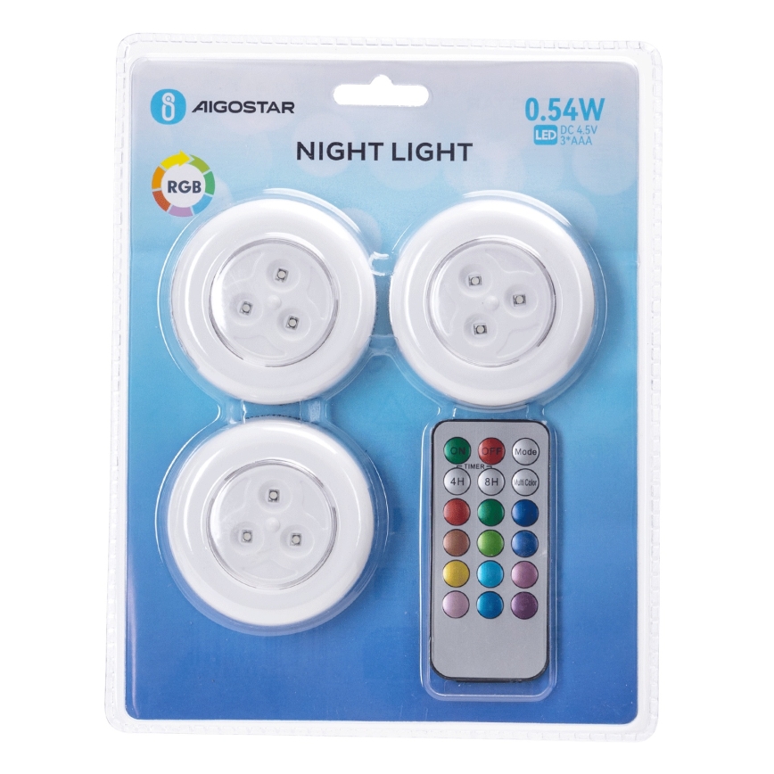 Aigostar - Komplekt 3× RGB-LED kaasaskantavaid öölampe, LED/3×AAA + kaugjuhtimispult
