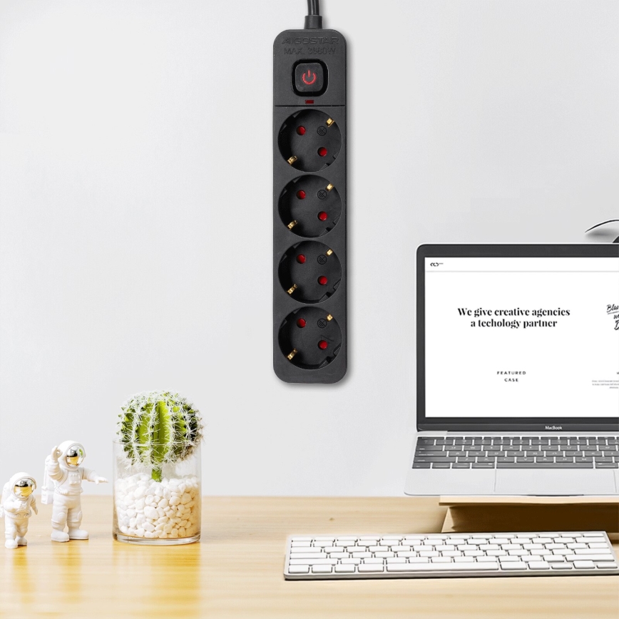 Aigostar - Pikendusjuhe lülitiga 4Z Tüüp F 3m SCHUKO must