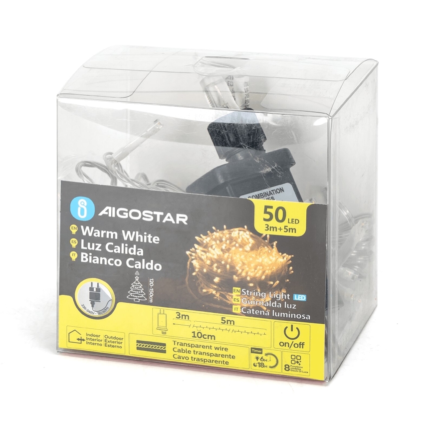 Aigostar - 8m LED-välivalguskett, 50xLED, 8 funktsiooni, IP44, soe valge