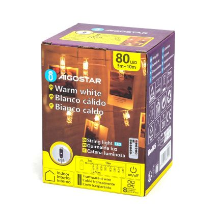 Aigostar - dekoratiivne LED-valguskett 80xLED/5W/USB 13 m soe valge