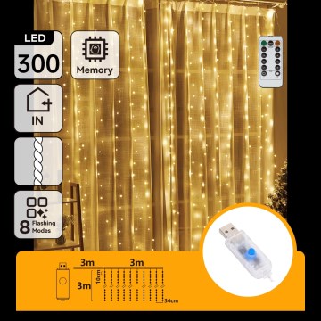 Aigostar - hämardatav LED jõulukett 300xLED/8 funktsiooni USB 6x3m soe valge + kaugjuhtimispult