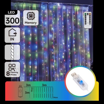 Aigostar - hämardatav LED-jõulutuled 300xLED/8 režiimi USB 6x3m mitmevärviline + kaugjuhtimispult