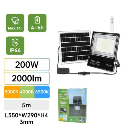 Aigostar - hämardatav LED päikeseprožektor LED/200W/3,2V 3600mAh 3000K/4000K/6500K IP66 + kaugjuhtimispult