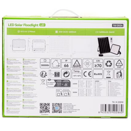 Aigostar - LED-hämardatav päikesepaneeliga prožektor LED/200W/3,4V 3000/4000/6500K IP66 16000 mAh + kaugjuhtimispult