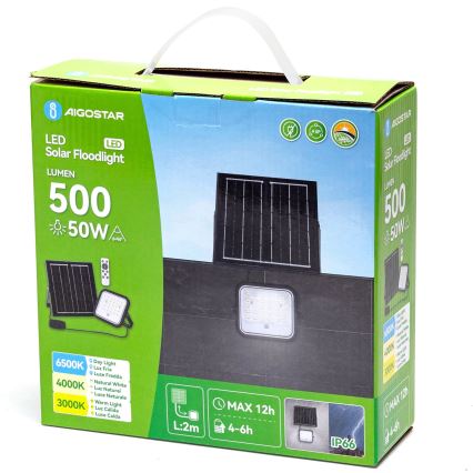 Aigostar - hämardatav päikesepaneeliga LED-reflektor LED/50W/3,4V 3000/4000/6500K IP66 4000 mAh + kaugjuhtimispult