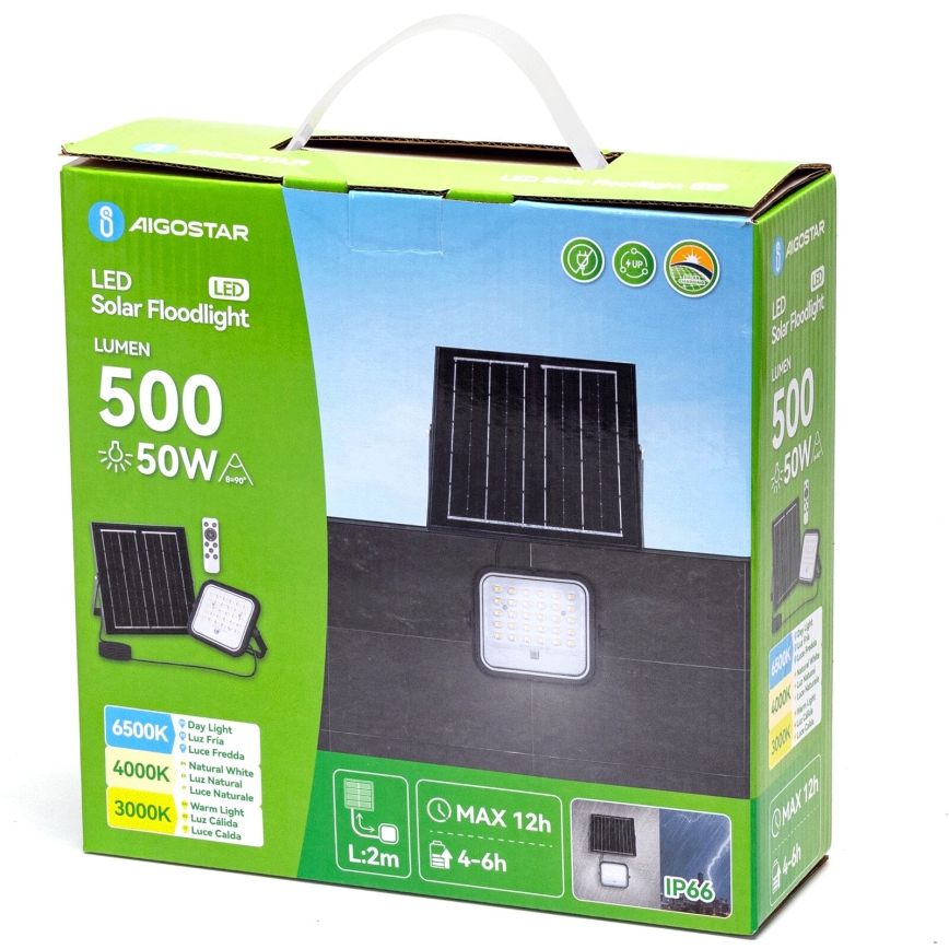 Aigostar - hämardatav päikesepaneeliga LED-reflektor LED/50W/3,4V 3000/4000/6500K IP66 4000 mAh + kaugjuhtimispult