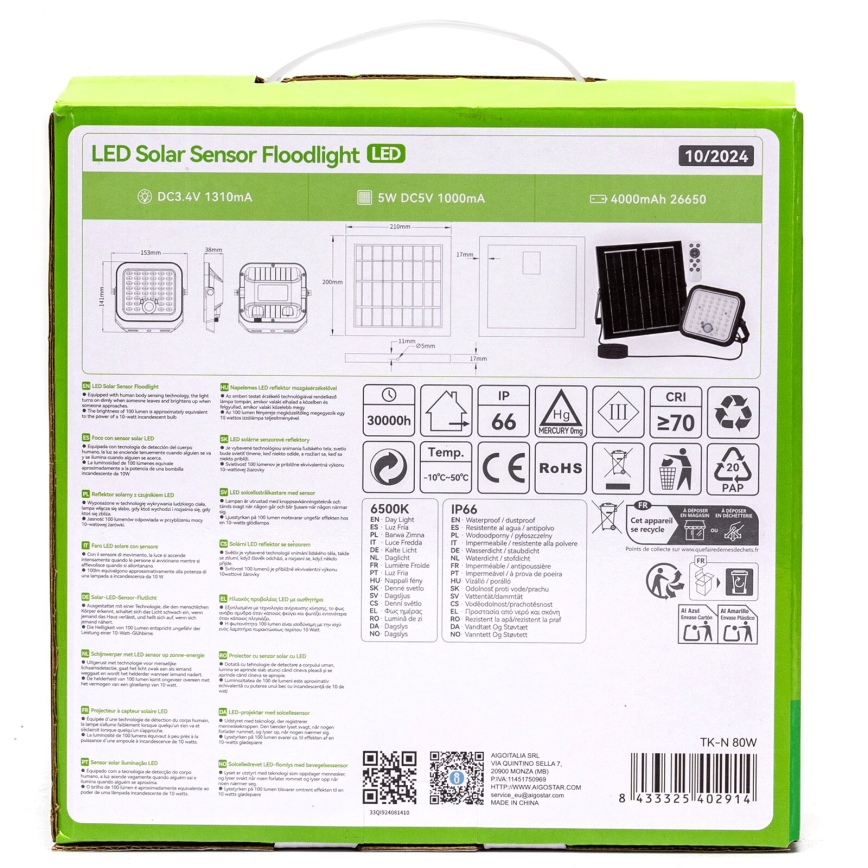 Aigostar - Hämardatav päikeseenergial töötav LED-prožektor anduriga LED/80W/3,4V 6500K IP66 4000 mAh + kaugjuhtimispult