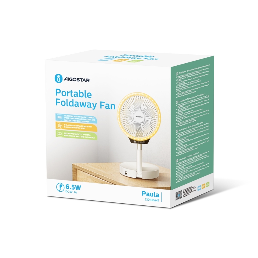 Aigostar - Juhtmevaba kokkupandav ventilaator USB pesaga 6,5W/5V