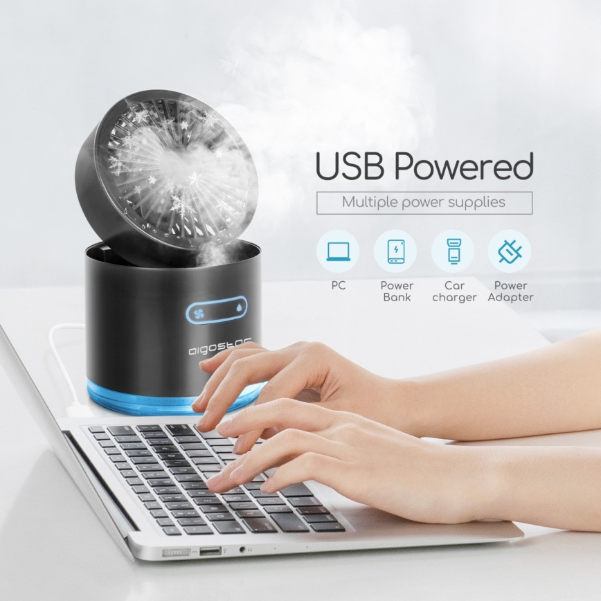 Aigostar - RGB Juhtmevaba mini lauaventilaator uduefektiga MIST 10W/5V must