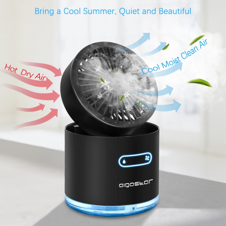 Aigostar - RGB Juhtmevaba mini lauaventilaator uduefektiga MIST 10W/5V must