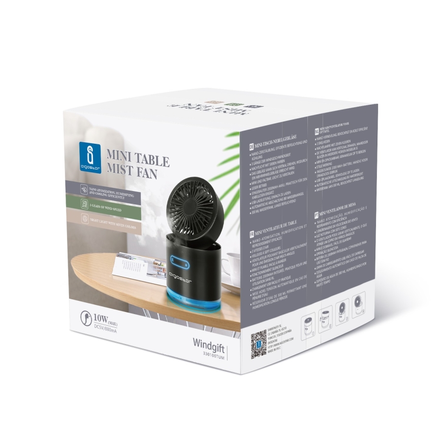 Aigostar - RGB Juhtmevaba mini lauaventilaator uduefektiga MIST 10W/5V must