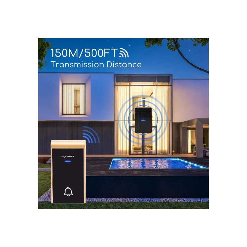 Aigostar - Juhtmevaba uksekell 3xAA/12V IP44 must/vask