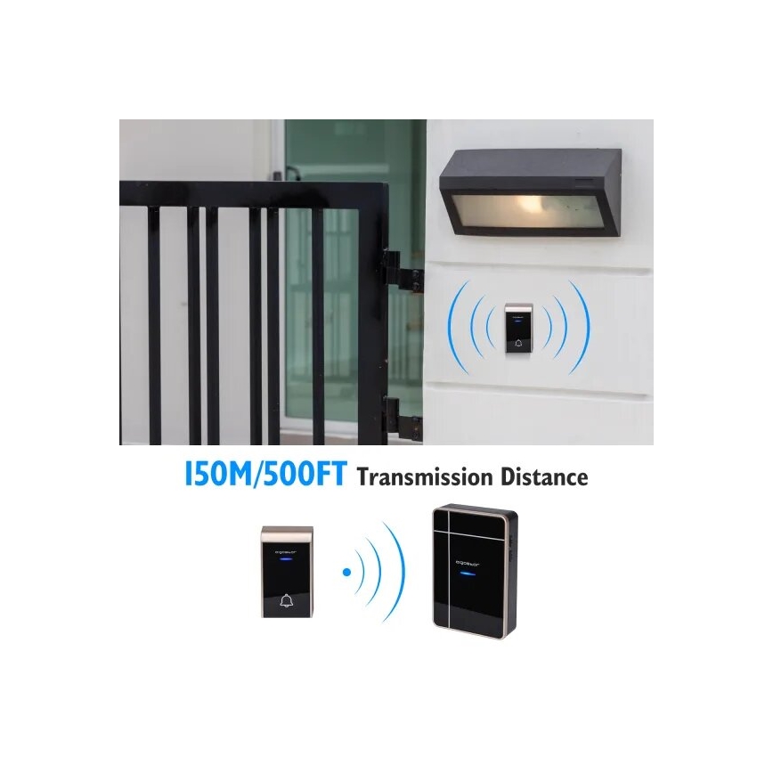 Aigostar - Juhtmevaba uksekell 3xAA/12V IP44 must/vask