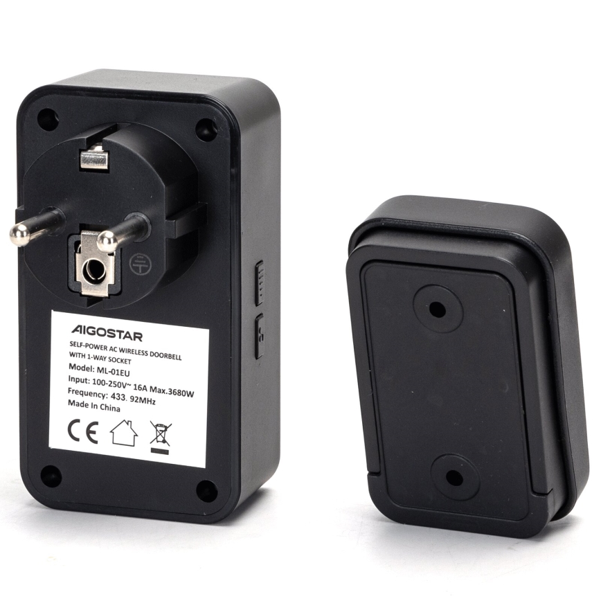 Aigostar - Juhtmevaba uksekell pistikuga 1Z 230V IPX4 must