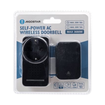 Aigostar - Juhtmevaba uksekell pistikuga 1Z 230V IPX4 must