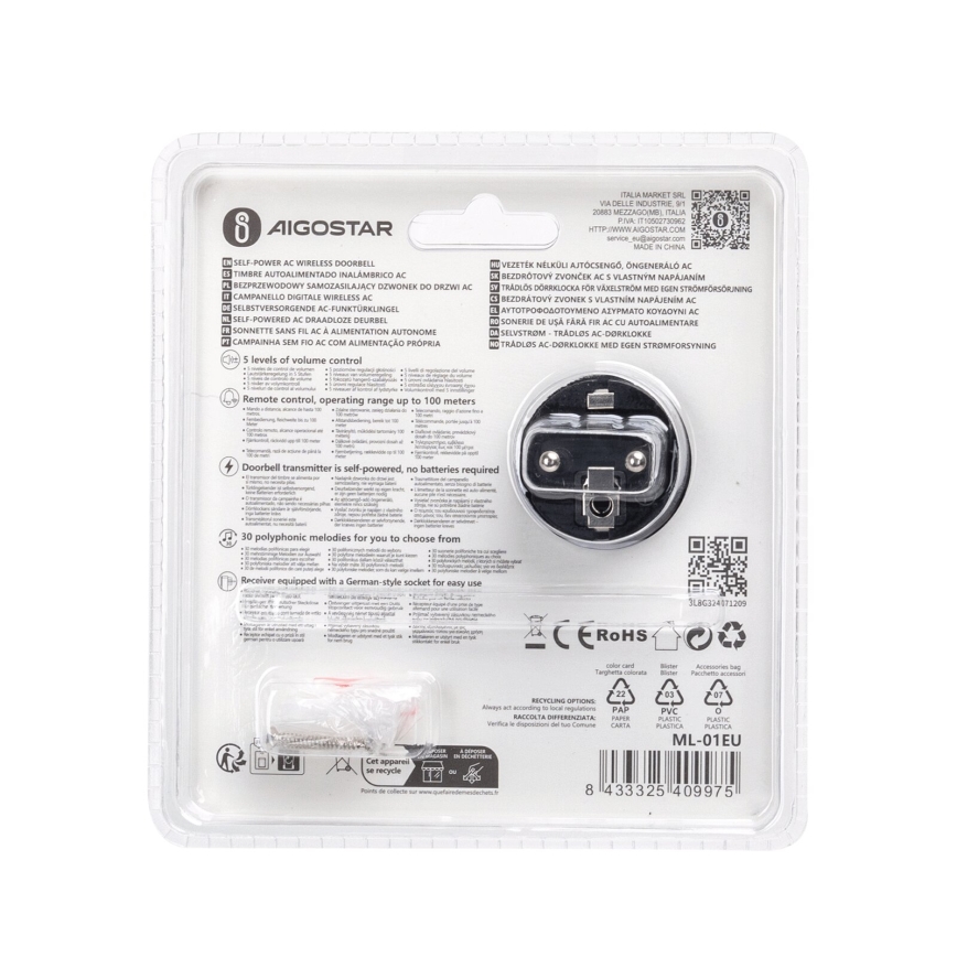 Aigostar - Juhtmevaba uksekell pistikuga 1Z 230V IPX4 must