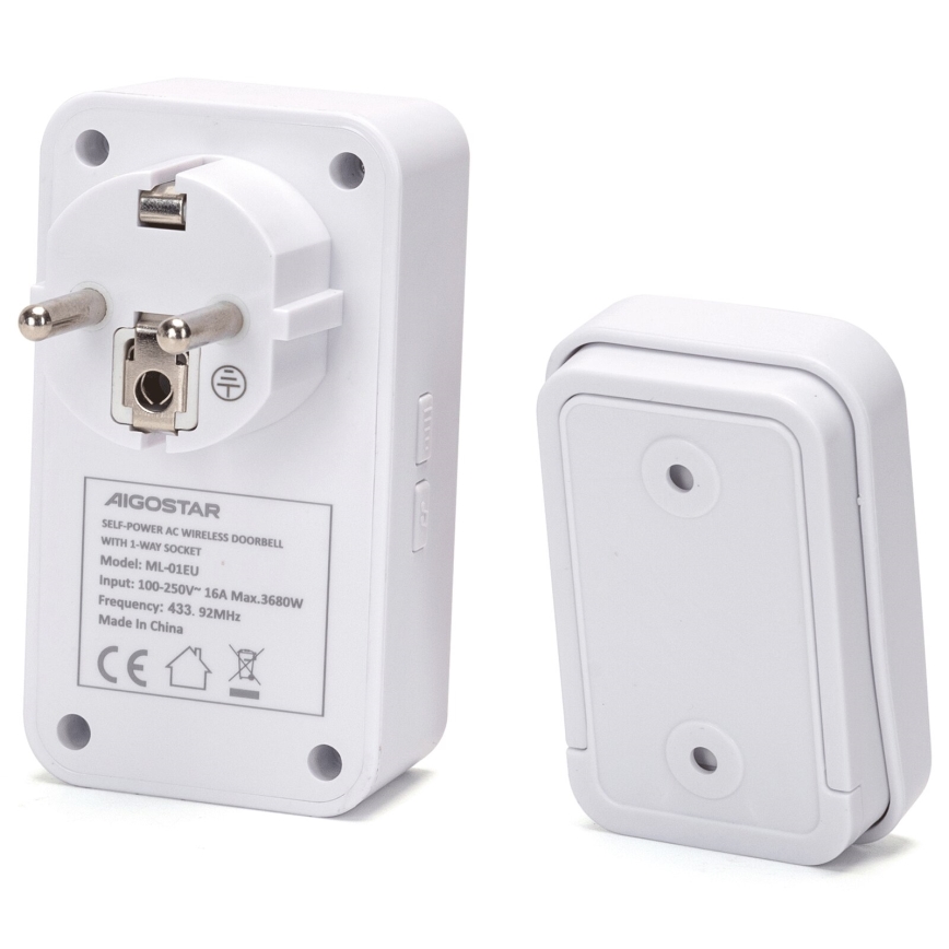 Aigostar - Juhtmevaba uksekell pistikuga 1Z 230V IPX4 valge