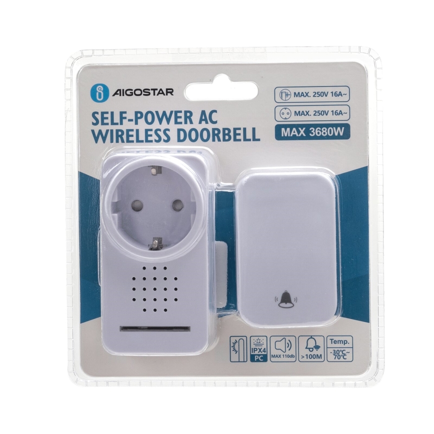 Aigostar - Juhtmevaba uksekell pistikuga 1Z 230V IPX4 valge