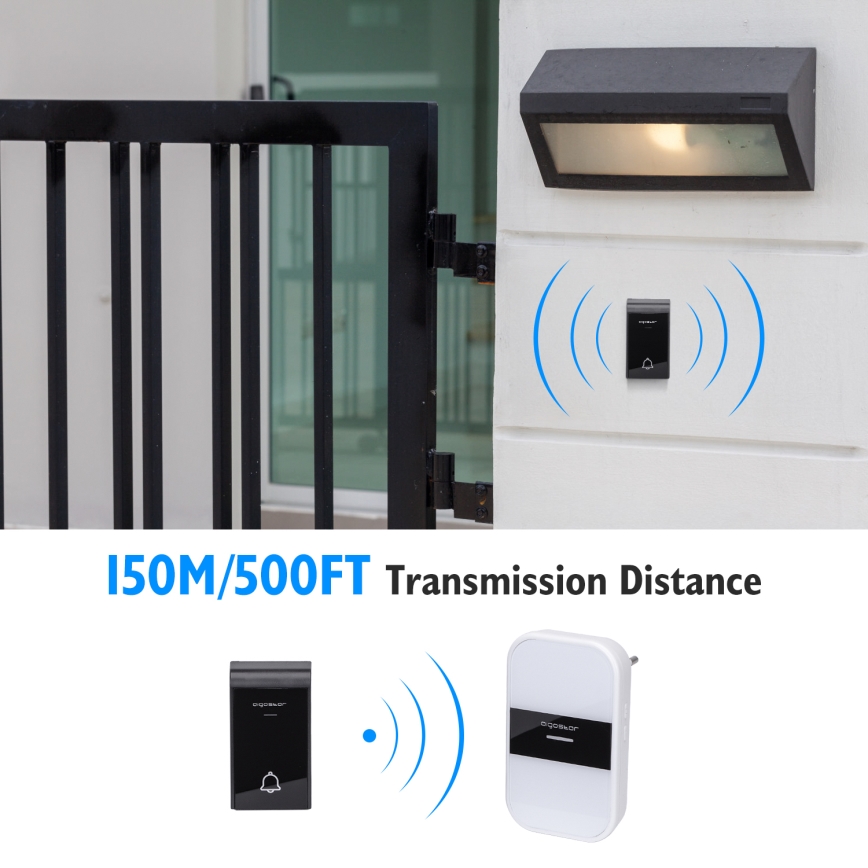 Aigostar - Juhtmevaba uksekell pistikuga 230V/12V IP44 valge/must