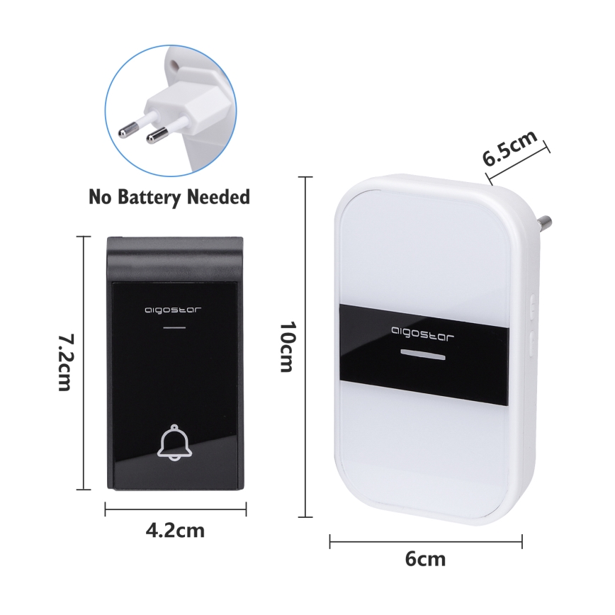 Aigostar - Juhtmevaba uksekell pistikuga 230V/12V IP44 valge/must