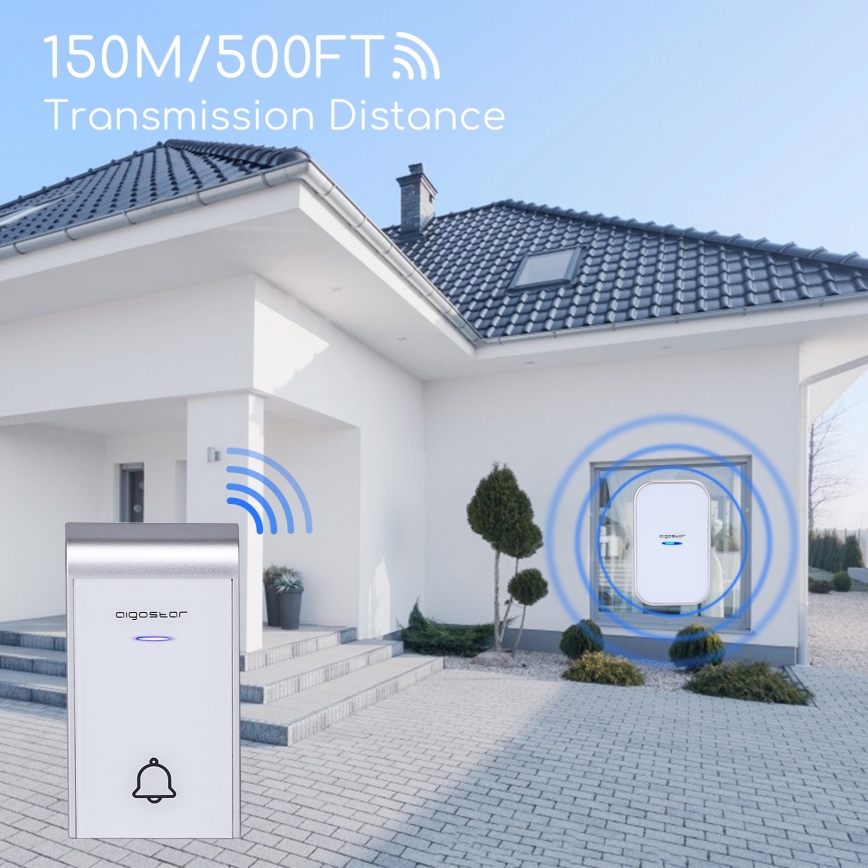 Aigostar - Juhtmevaba uksekell pistikuga 230V/12V IP44 valge