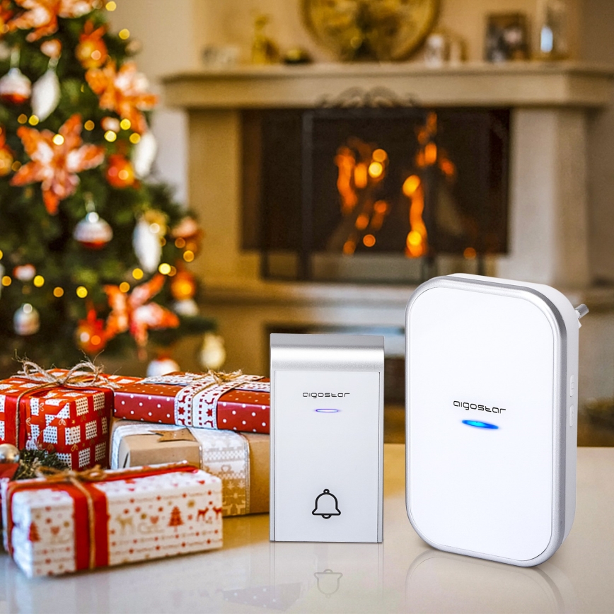 Aigostar - Juhtmevaba uksekell pistikuga 230V/12V IP44 valge