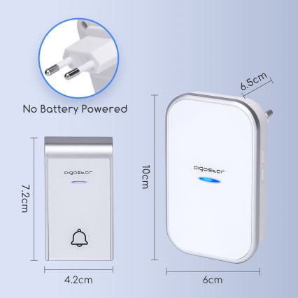 Aigostar - Juhtmevaba uksekell pistikuga 230V/12V IP44 valge