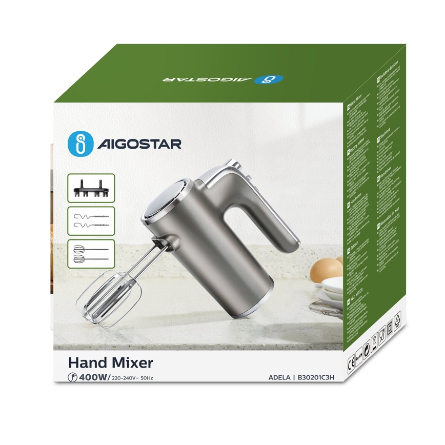 Aigostar - Käsimikser 400W/230V hall/matt kroom