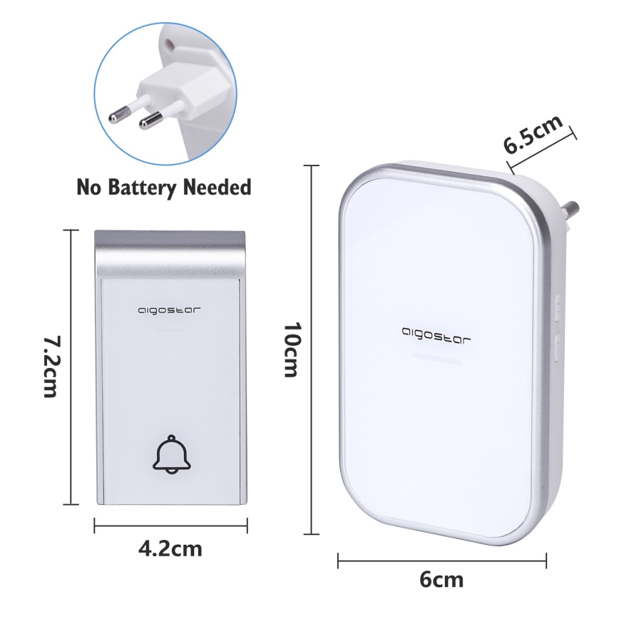 Aigostar - KOMPLEKT 2x Juhtmevaba uksekell pistikuga 230V/12V IP44 valge