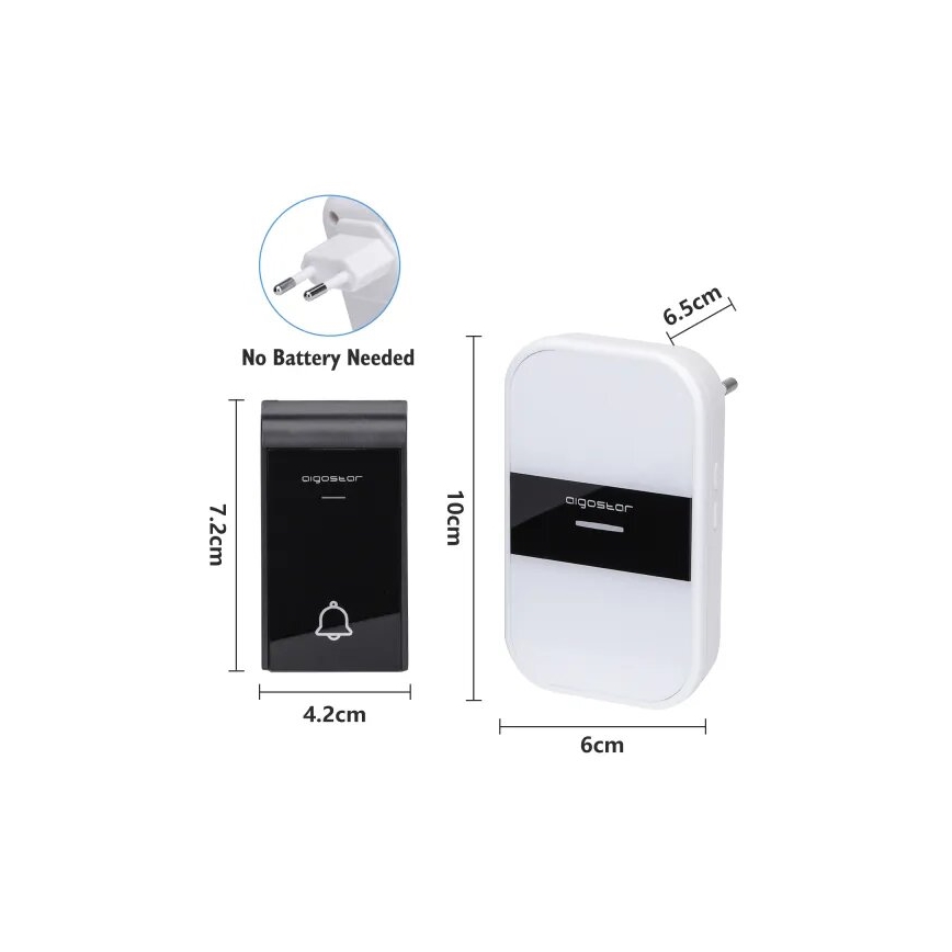 Aigostar - KOMPLEKT 2x Juhtmevaba uksekell pistikuga 230V/12V IP44 valge/must