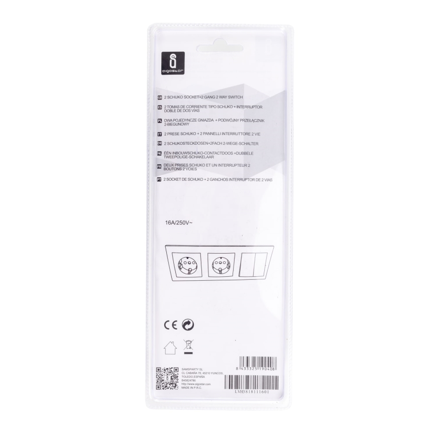 Aigostar - KOMPLEKT 2x Pistikupesa koos lülitiga 2x16A/250V