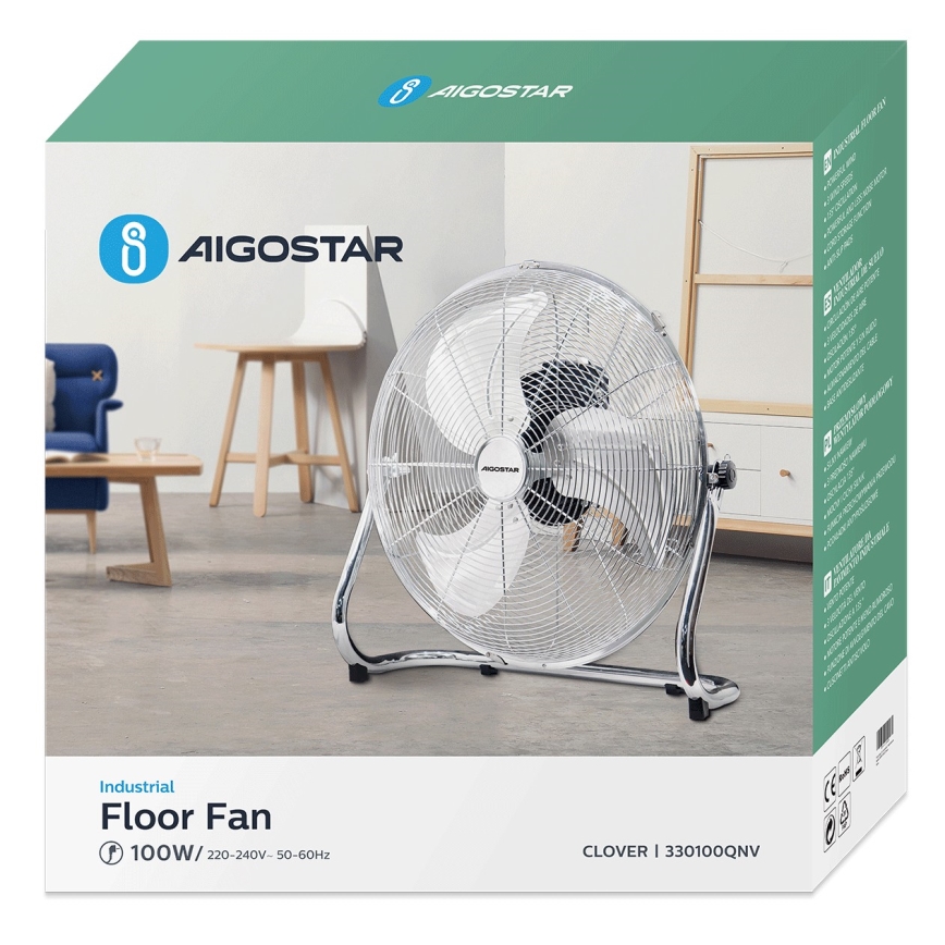 Aigostar - Põrandatuuluti 100 W / 230 V, läbimõõt 54 cm, läikiv kroom