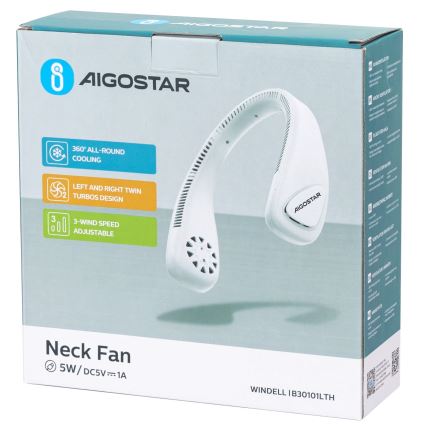 Aigostar - Laetav kaelaventilaator 4W/5V 2000mAh valge