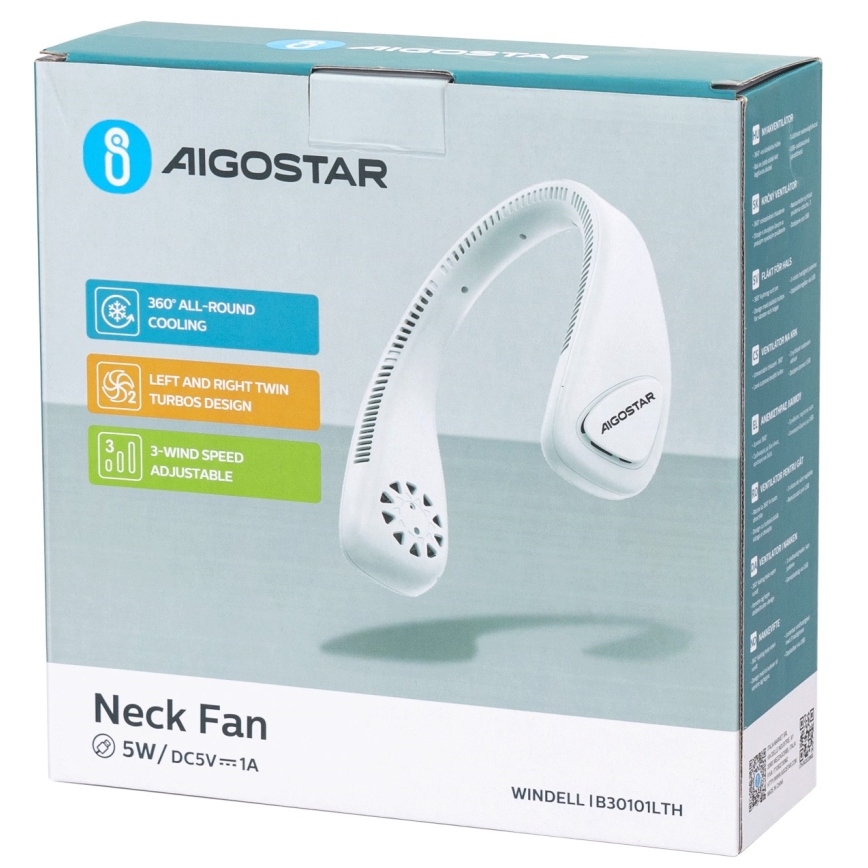 Aigostar - Laetav kaelaventilaator 4W/5V 2000mAh valge
