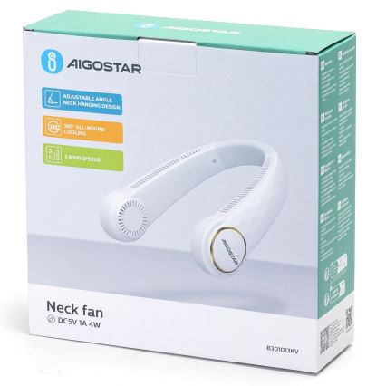 Aigostar - Laetav kaelaventilaator 4W/5V 2000mAh valge