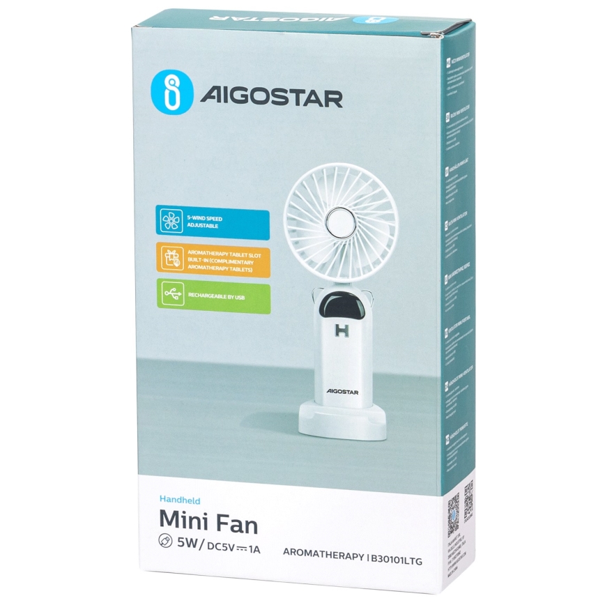 Aigostar - Laetav käes hoitav ventilaator 4W/5V 1200mAh valge