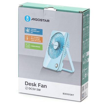 Aigostar - Laetav lauaventilaator 5W/5V 3600mAh USB sinine