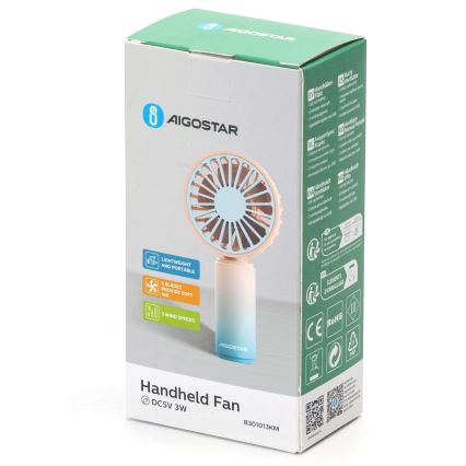 Aigostar - Laetav taskuventilaator 3 W / 5 V, 500 mAh, USB, roosa/sinine