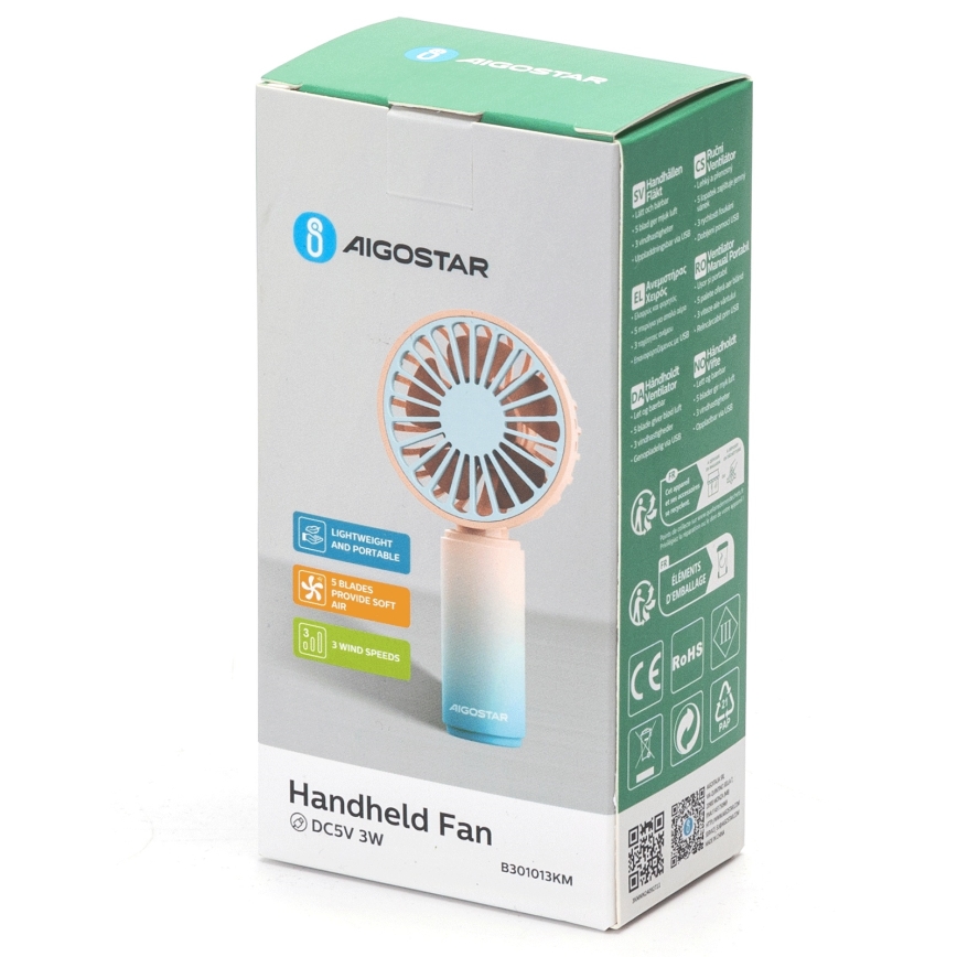 Aigostar - Laetav taskuventilaator 3 W / 5 V, 500 mAh, USB, roosa/sinine