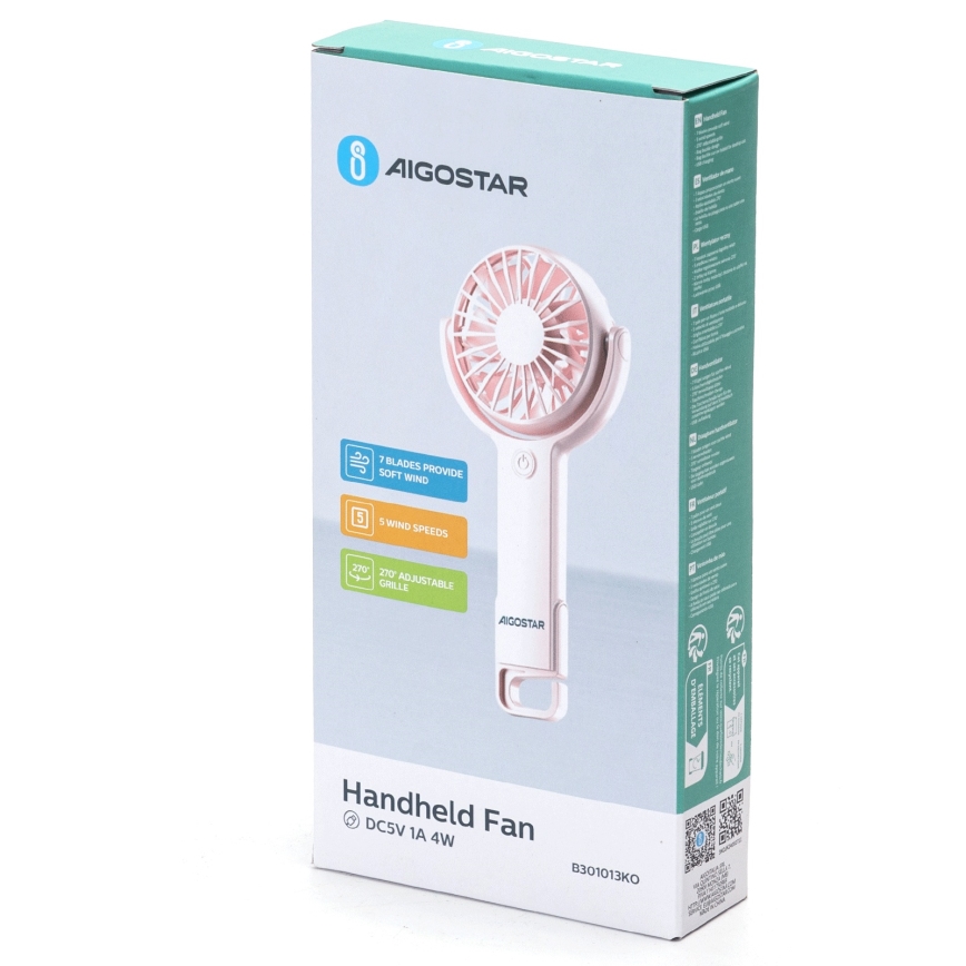Aigostar - Laetav taskuventilaator 4,5W/3,7V 1200mAh USB roosa