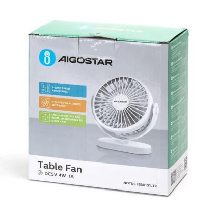 Aigostar - Laetav laualaudventilaator 4W/5V 1500mAh valge