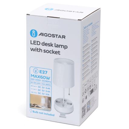 Aigostar - Laualamp pistikupesadega ja USB-pordidega 1xE27/60W/230V valge