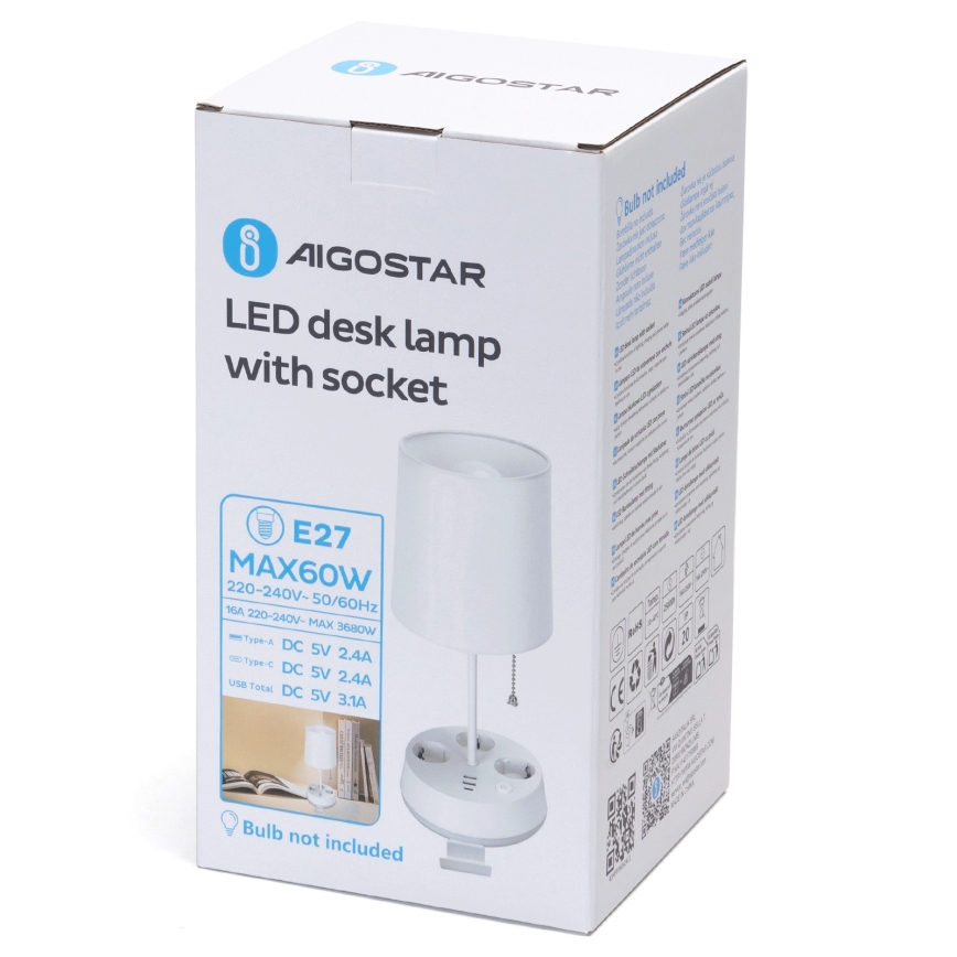 Aigostar - Laualamp pistikupesadega ja USB-pordidega 1xE27/60W/230V valge