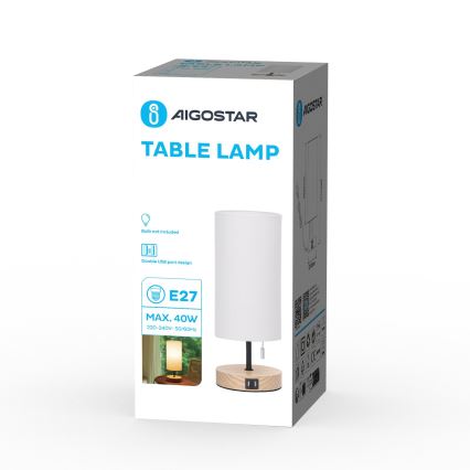 Aigostar - Laualamp USB pordiga 1xE27/40W/230V beež