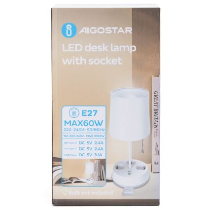 Aigostar - Laualamp USB portide ja pistikupesadega 1xE27/60W/230V valge